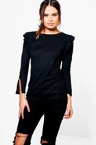 Boohoo Gabriella Ruffle Shoulder Long Sleeve Top Black