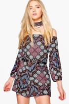 Boohoo Emily Printed Off The Shoulder Playsuit Multi