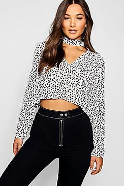 Boohoo Dalmatian Print Choker Blouse