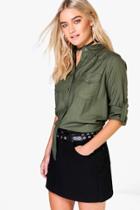 Boohoo Gracie Roll Sleeve Plain Two Pocket Shirt Khaki