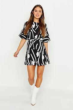Boohoo Petite Abstract Animal Frill Sleeve Tie Shift Dress