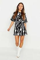 Boohoo Petite Abstract Animal Frill Sleeve Tie Shift Dress