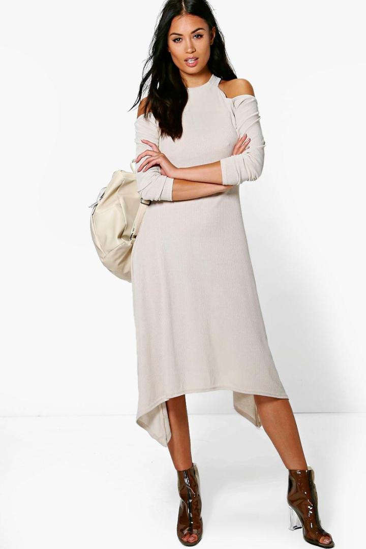 Boohoo Jo Cold Shoulder Asymmetric Rib Midaxi Dress Stone