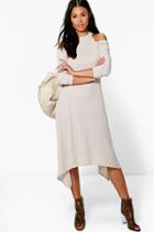 Boohoo Jo Cold Shoulder Asymmetric Rib Midaxi Dress Stone
