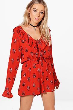 Boohoo Ruth Ruffle Front Playsuit