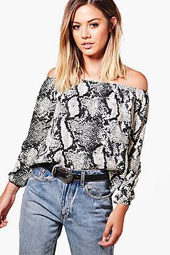 Boohoo Petite Emma Bardot Snake Print Woven Top