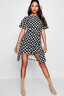 Boohoo Tie Front Polka Dot Dress