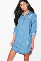Boohoo Esther Oversized Distressed Denim Shirt Dress Blue