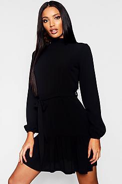 Boohoo Woven Ruffle Detail Neck Tie Waist Skater Dress