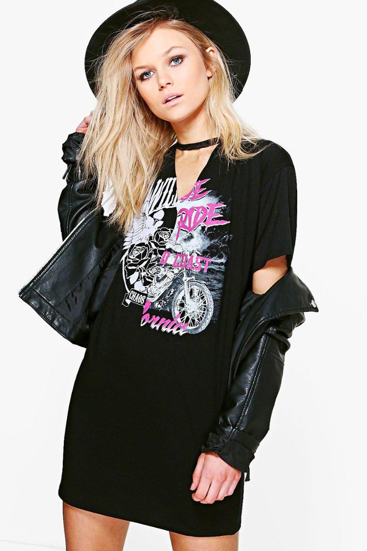 Boohoo Petite Paige Choker Detail Split Print T-shirt Dress Black