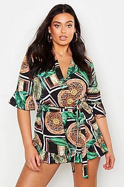 Boohoo Plus Woven Animal Chain Print Ruffle Playsuit