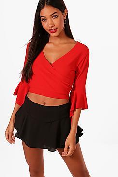 Boohoo Lea Ruffle Sleeve Wrap Front Top