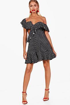 Boohoo Fi Polka Dot One Shoulder Frill Detail Skater Dress