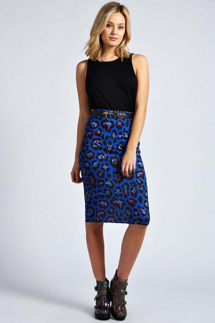 Boohoo Yasmin Oversized Leopard Print Midi Skirt - Blue