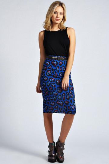 Boohoo Yasmin Oversized Leopard Print Midi Skirt - Blue