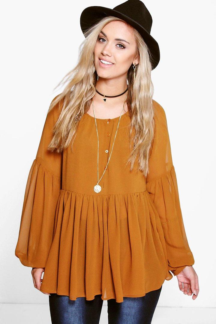 Boohoo Plus Lucy Woven Wide Sleeve Smock Top Tan
