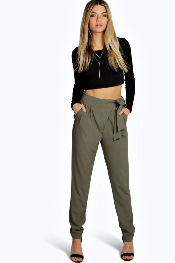 Boohoo Sevilla Wrap Front Tie Waist Tailored Trousers Khaki