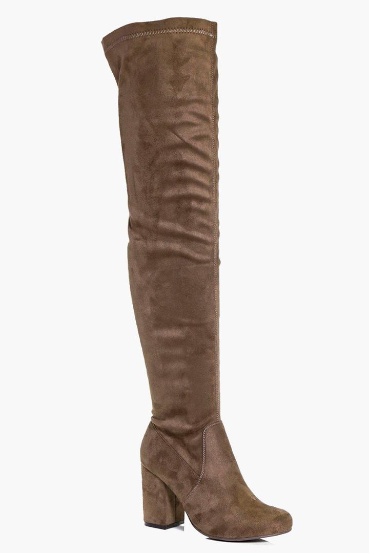 Boohoo Lilly Block Heel Over The Knee Boot Mocha