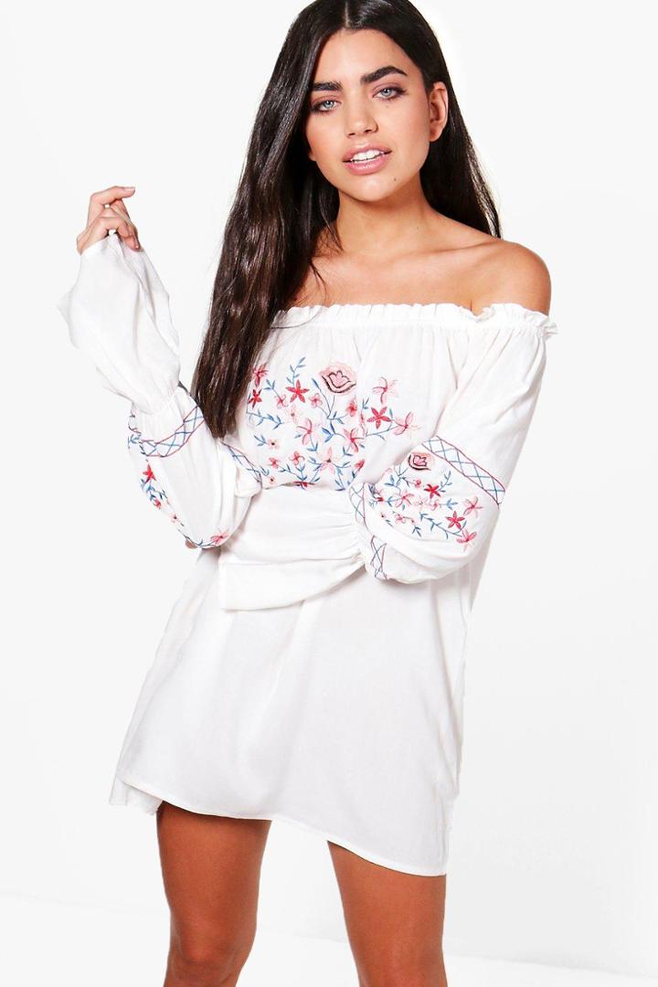 Boohoo Dani Off The Shoulder Embroidered Shift Dress White