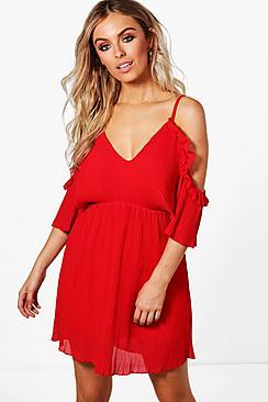 Boohoo Freya Pleated Ruffle Open Shoulder Dress