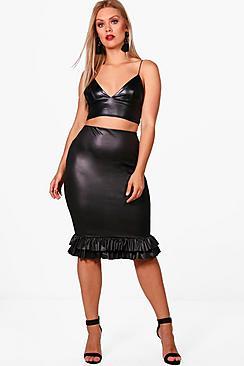Boohoo Plus Phoebe Frill Hem Wet Look Midi Skirt