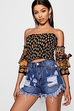 Boohoo Esme Flower Print Bow Tie Bardot Top
