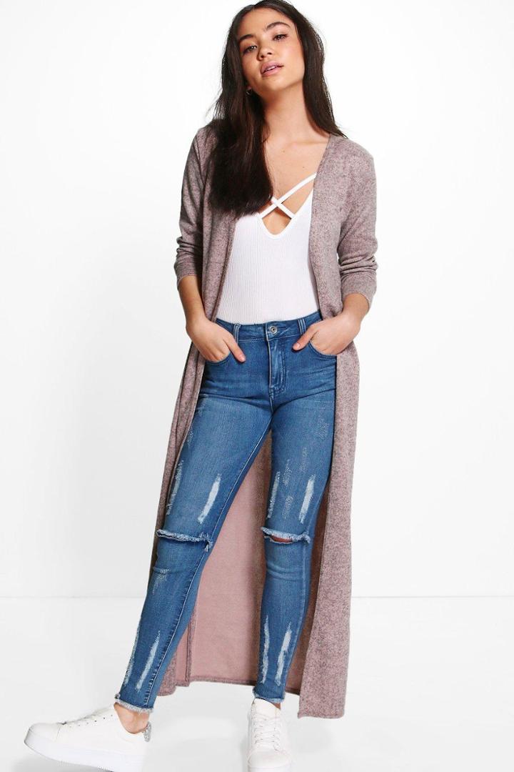 Boohoo Karen Maxi Side Split Cardigan Nude