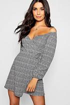 Boohoo Tweed Print Off The Shoulder Wrap Dress