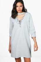 Boohoo Michelle Lace Up Front Sweat Dress Grey
