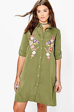 Boohoo Plus Lauren Embroidered Midi Shirt Dress