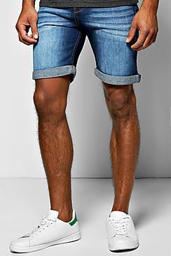 Boohoo Skinny Fit Indigo Wash Denim Shorts In Long Length