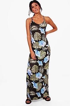 Boohoo Anna Tropical Strappy Low Back Maxi Dress