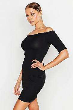 Boohoo Rib Lettuce Edge Bardot Mini Dress