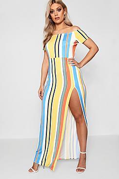 Boohoo Plus Penny Stripe Off The Shoulder Maxi Dress