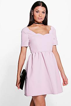 Boohoo Meiying Scallop Neckline Jacquard Skater Dress