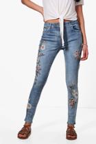 Boohoo Jessie All Over Embroidery Skinny Jeans Blue