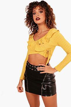 Boohoo Ruffle Rib Tie Waist Crop Top
