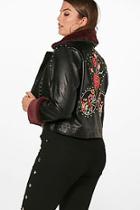 Boohoo Plus Emily Embroidered Biker Jacket With Fur Trim