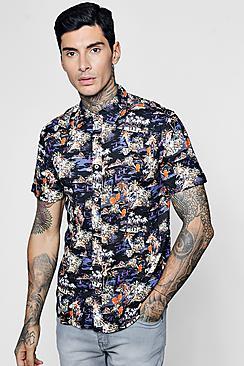 Boohoo Navy Hawaiian Print Short Sleeve Shirt