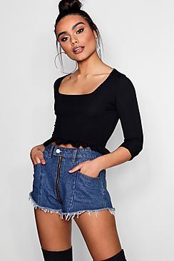Boohoo Moira Square Neck Ruffle Long Sleeve Crop