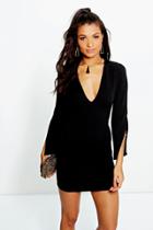 Boohoo Lucie Slit Sleeve Plunge Shift Dress Black