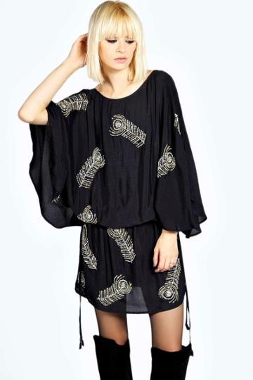 Boohoo Boutique Holly Crepe Feather Beadwork Tunic Dress - Black