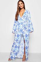 Boohoo Petite Printed Wrap Front Flare Sleeve Dress