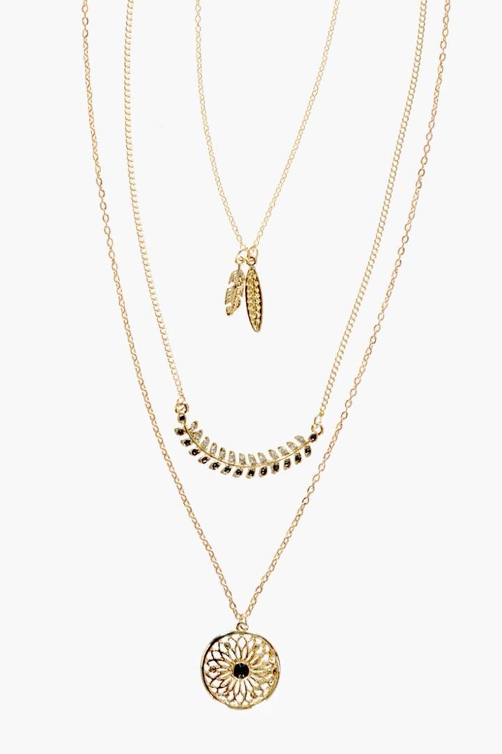 Boohoo Rose Feather And Flower Layered Necklace Gold