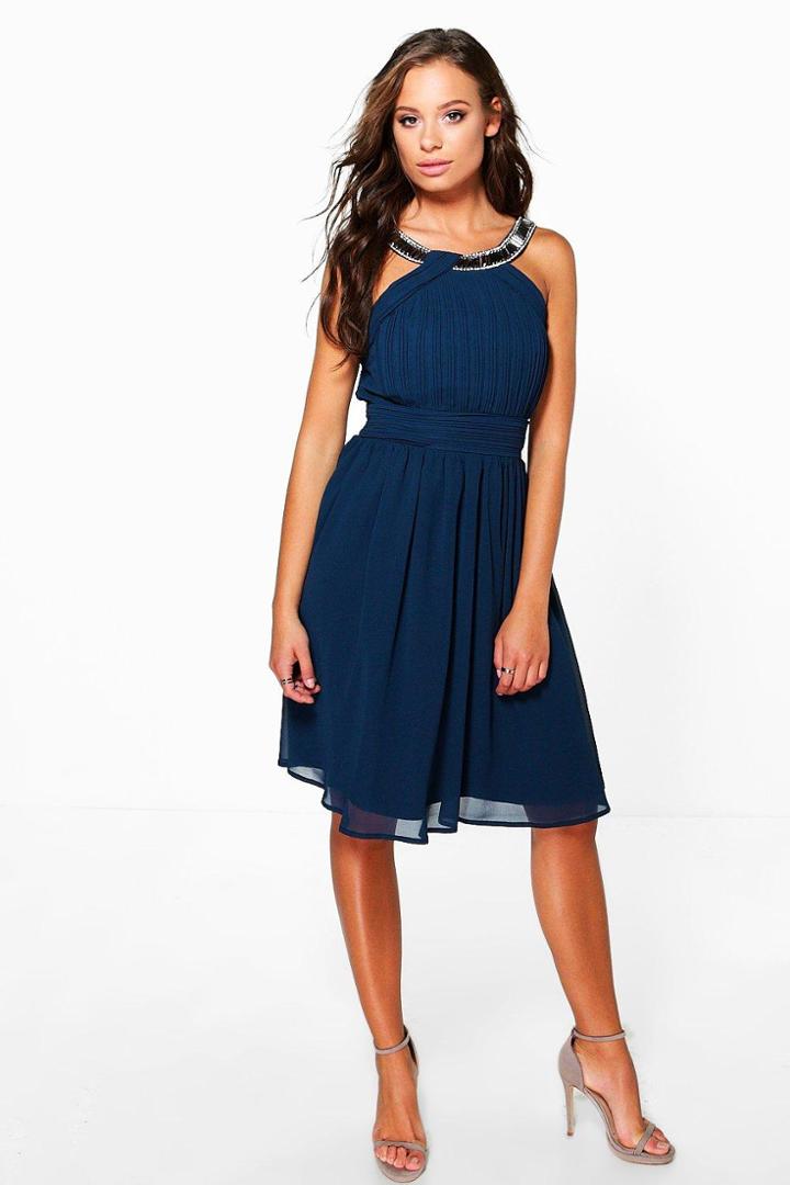Boohoo Em Boutique Embellished Pleat Skater Dress Navy