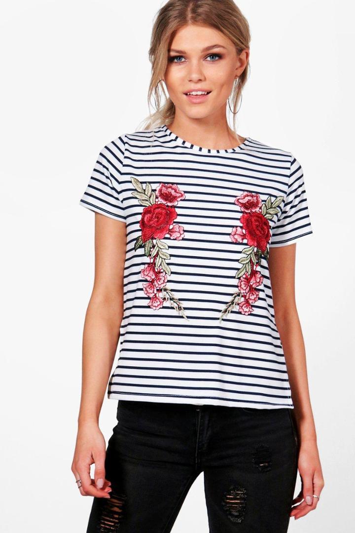 Boohoo Petite Lana Embroidered Stripe T-shirt Multi