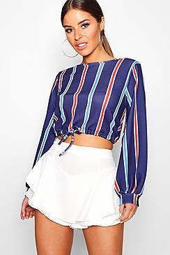 Boohoo Petite Nina Tie Front Volume Sleeve Top