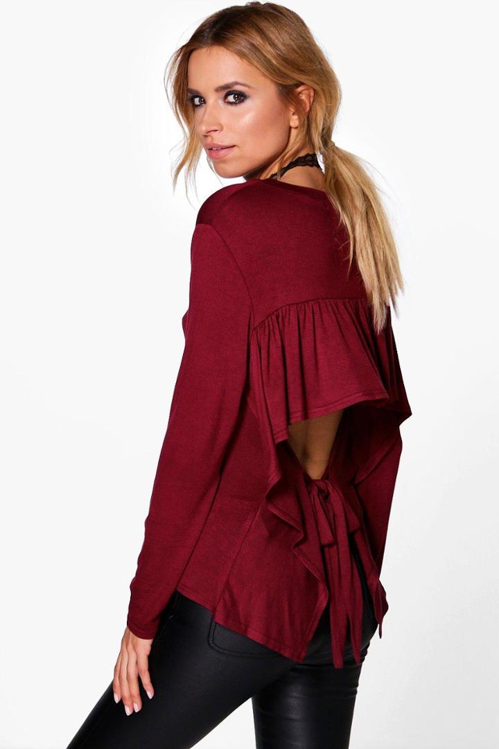 Boohoo Melanie Tie Back Open L/s Top Wine