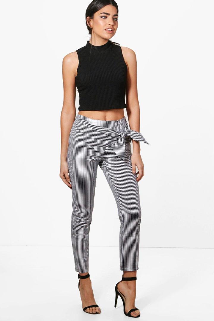 Boohoo Ellie Pinstripe Wrap Front Slim Fit Trousers Navy