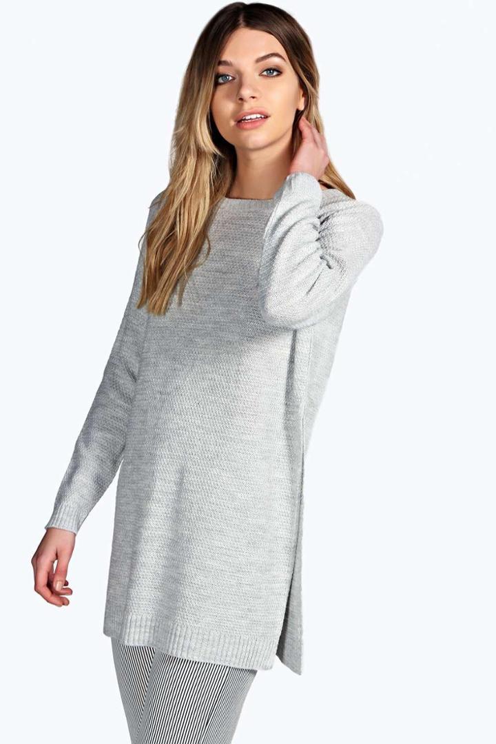 Boohoo Emily Side Split Moss Stitch Tunic Jumper Silver